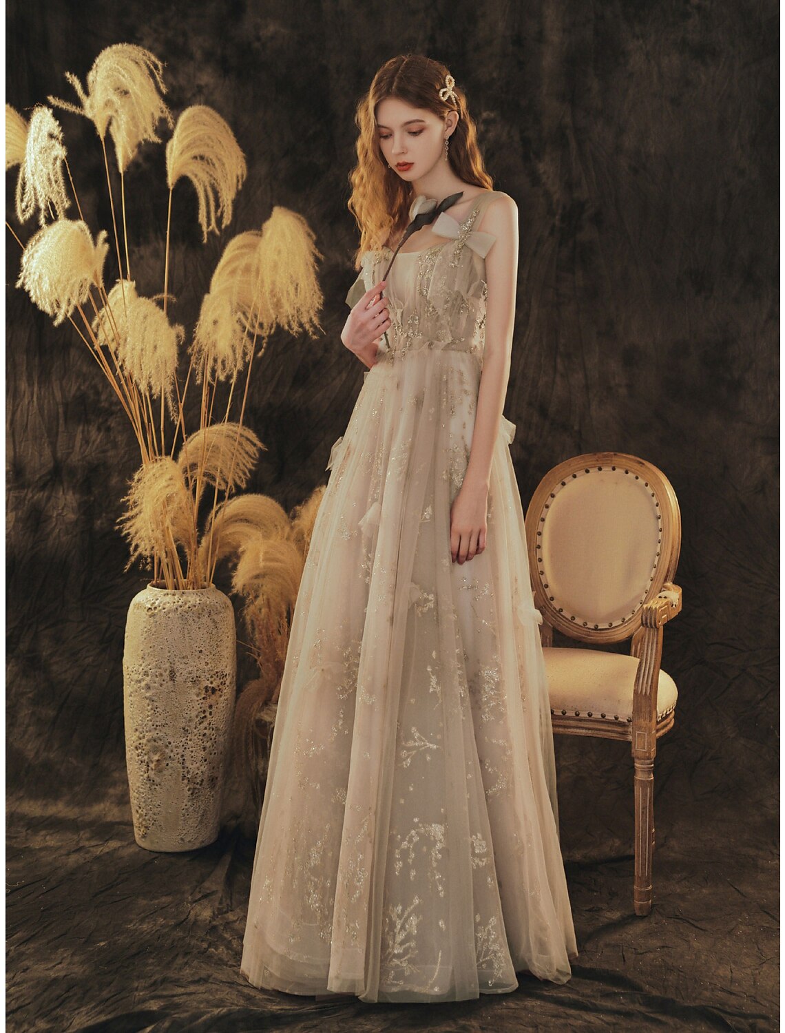 Wholesale  A-Line Elegant Floral Engagement Formal Evening Dress Scoop Neck Sleeveless Floor Length Tulle with Bow(s) Pleats